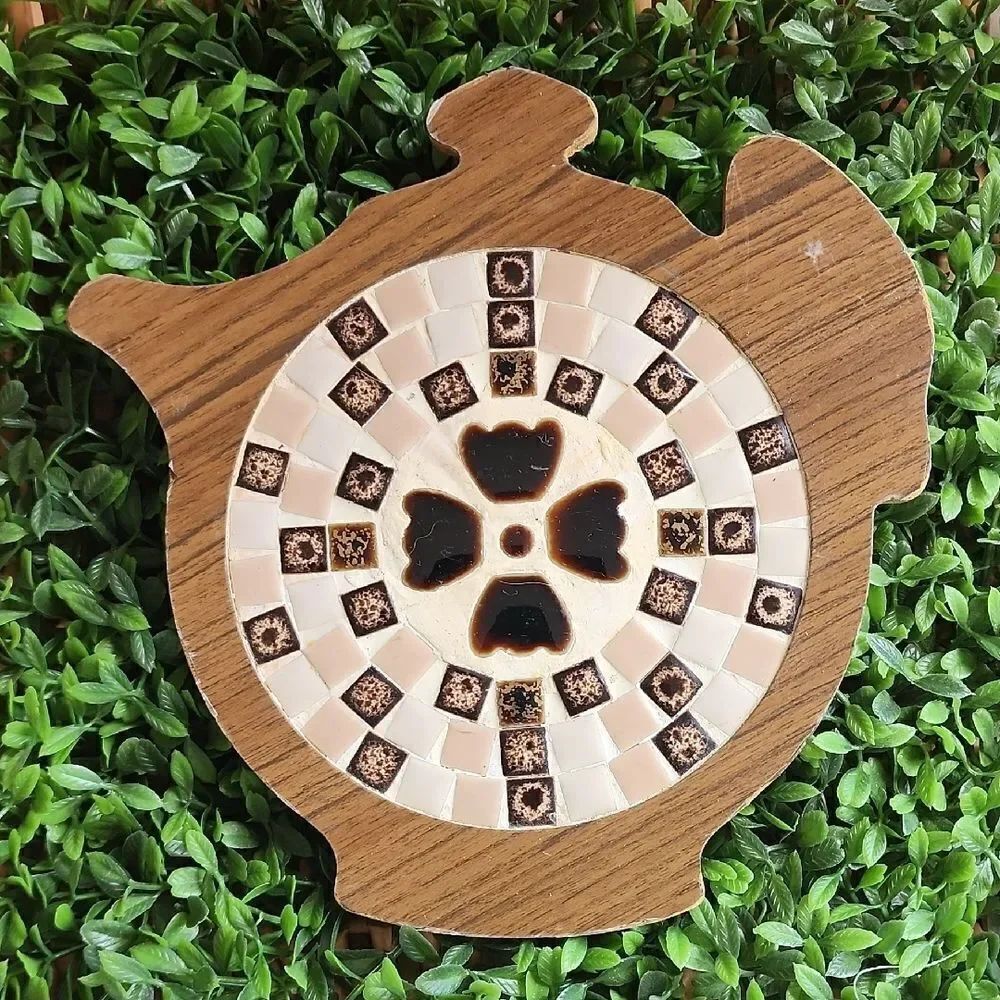 Vintage Wood & Tile Pottery Teapot Shaped Trivet